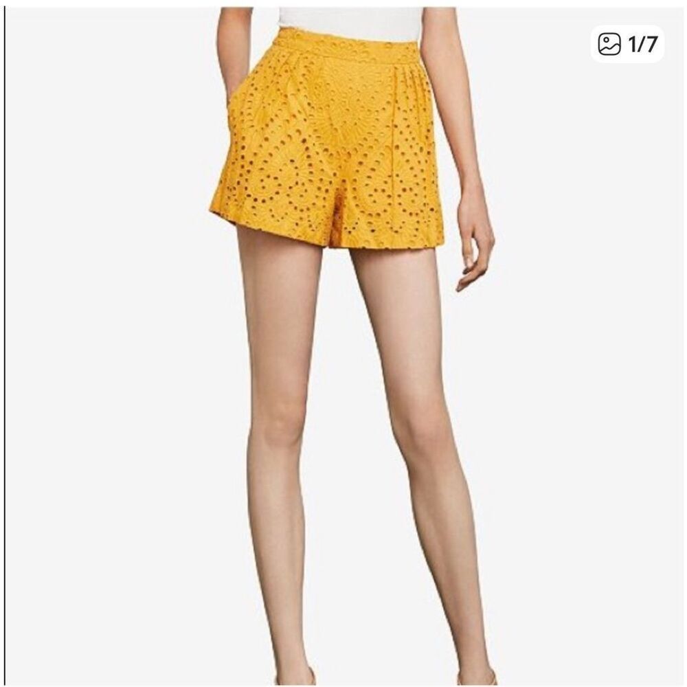 BCBG Maxazaria Yellow Eyelet Embroidery Pleated Front Dress Shorts Size Small
